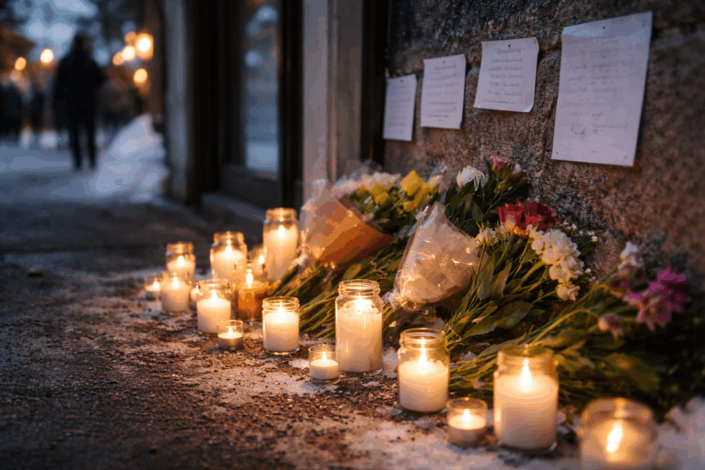 Candles and flowers placed outside a venue as a memorial, photographed respectfully with no identifiable people.