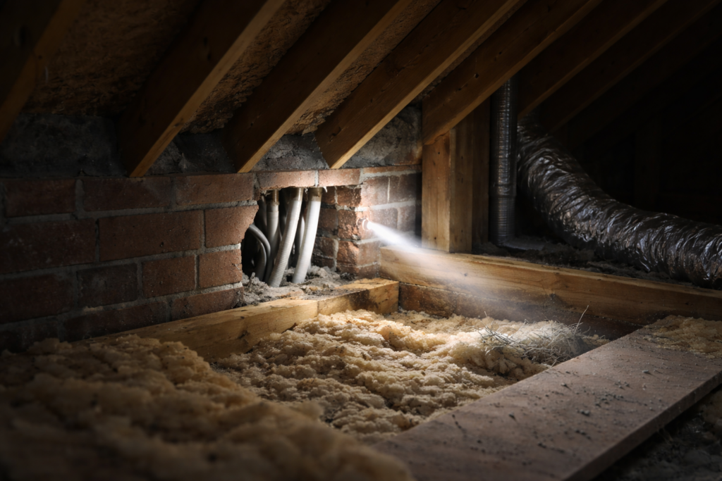 A roof void interior with rafters and insulation, lit by a torch, showing where fire breaks should be installed. Battersea Fire