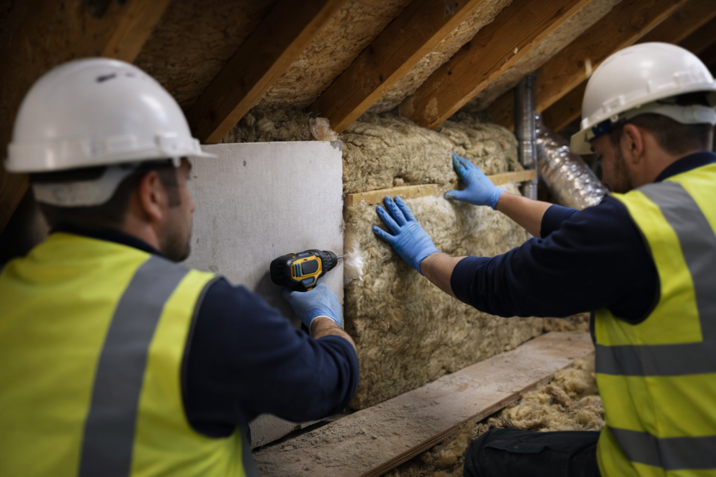 Contractors installing fire-stopping barriers in a roof space to prevent fire and smoke spread. Battersea Fire