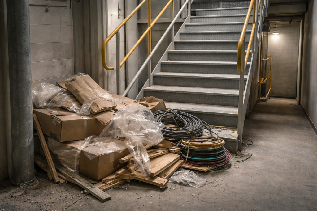 Construction stairwell with waste materials and cable offcuts obstructing an escape route, highlighting poor fire safety housekeeping.