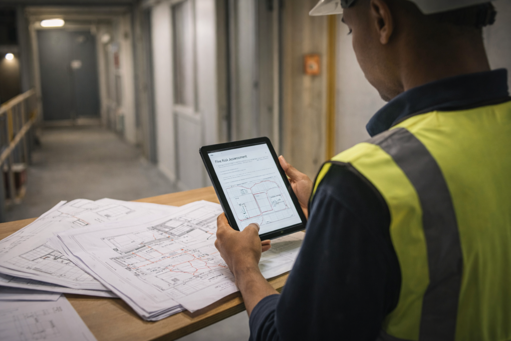 Safety professional in PPE reviewing a fire risk assessment and building plans, representing stronger fire safety controls after enforcement action. Fire enforcement