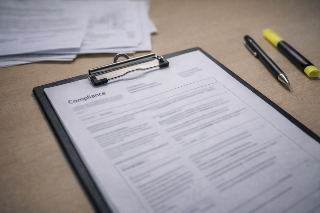 Close-up of compliance paperwork on a clipboard with a pen, representing regulatory fire enforcement and formal safety action.
