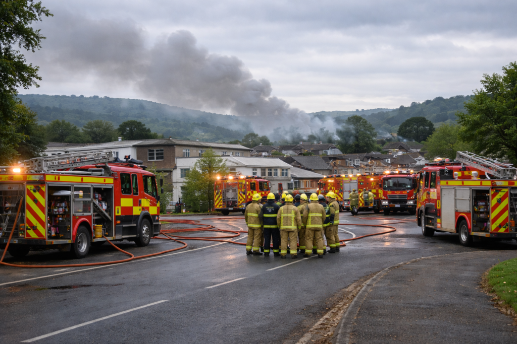 Multiple fire engines and firefighters responding to a major building fire in a UK town, with smoke visible in the background.