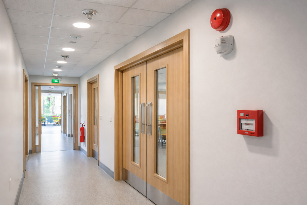 Modern school corridor with visible sprinkler heads, smoke detectors, fire alarm call point, and compliant fire doors. Fire Safety