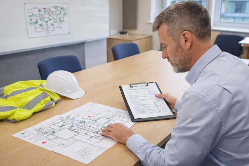 Building safety professional reviewing fire risk assessment documents and floor plans in a public building meeting room for fire Safety.