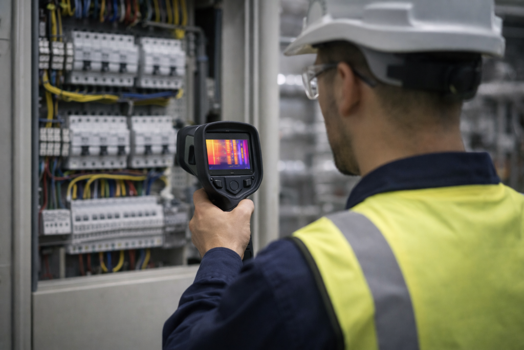 Engineer using a thermal imaging camera to check an electrical panel for overheating of building safety.