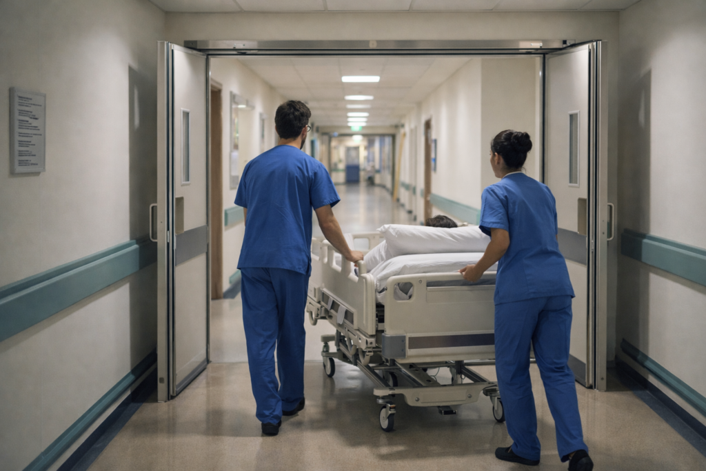 Hospital staff calmly move a patient bed through a wide fire door into a safe compartment.