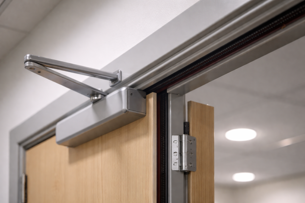 Close-up of a fire door with door closer and smoke seals, showing building safety passive fire protection detail.