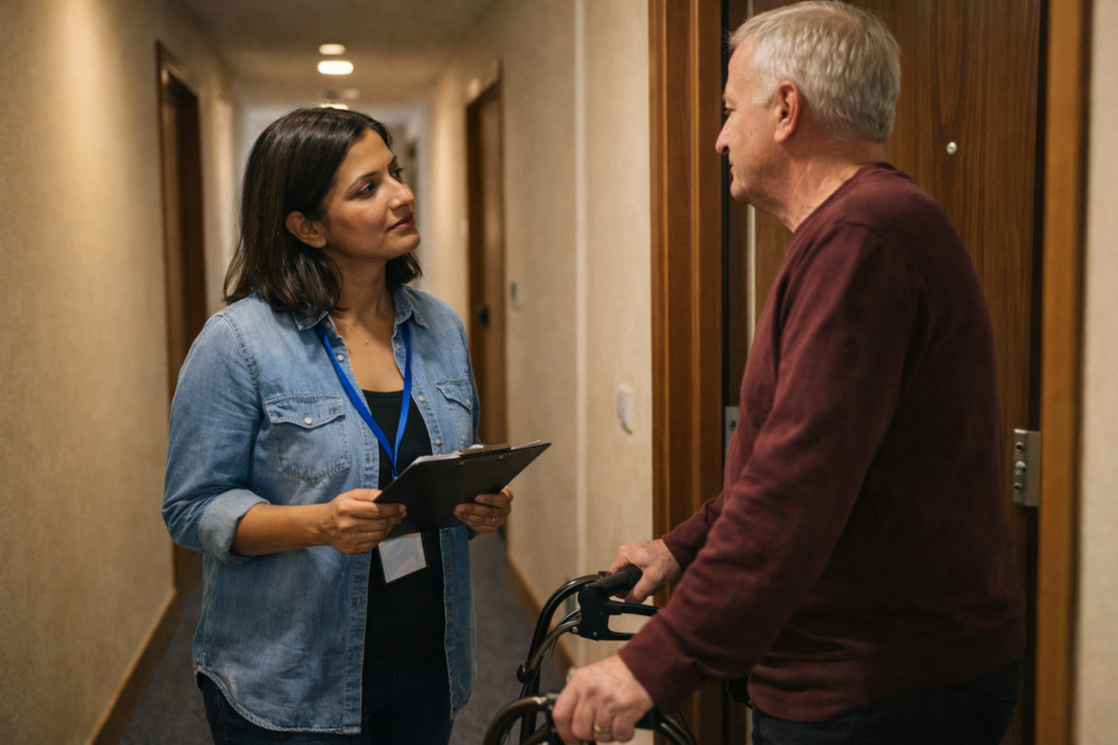 Housing officer speaking with a resident about evacuation support needs in a residential corridor. Residential PEEPs.