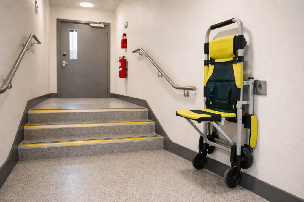 Evacuation chair stored near a clear stairwell in a residential building prepared for emergency use. Residential PEEPs.