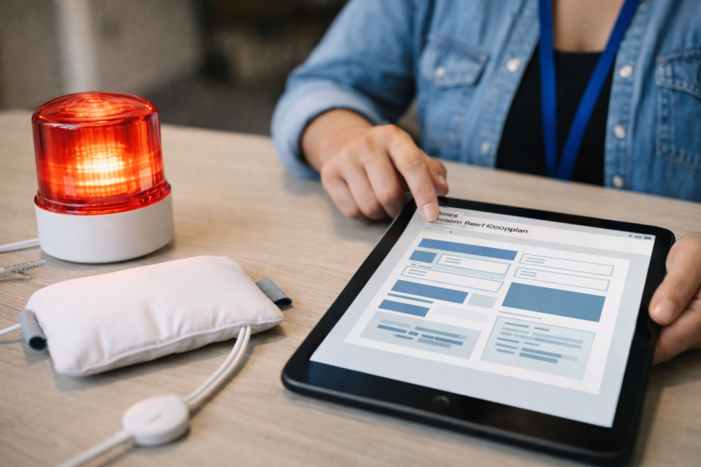 Assistive fire alarm devices and a tablet used to record a person-centred evacuation plan securely. Residential PEEPs.