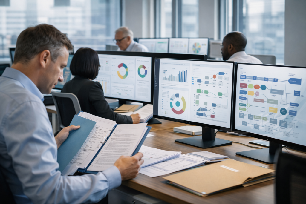 Professionals in an office reviewing building application dashboards and case files, symbolising improved BSR processing and Gateway 2 decisions.