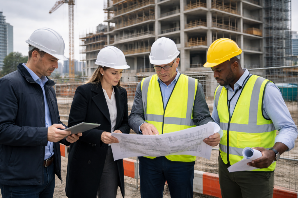 Engineers and project professionals reviewing plans beside a UK high-rise construction site before work proceeds, representing the Gateway 2 stop-and-check stage.