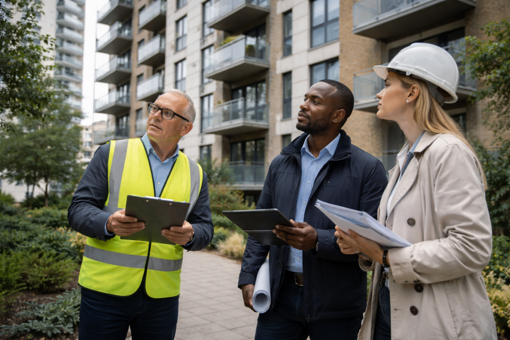 A building safety team inspecting an occupied residential high-rise for remediation planning, representing improved safety standards for existing buildings.