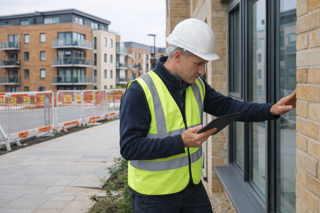 Building compliance inspector checking installation details at a UK residential property development inline with Conditions of Authorisation