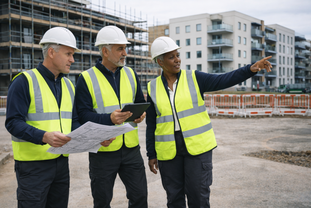 Construction and building safety professionals discussing technical plans on a UK site during a competence review for Conditions of Authorisation