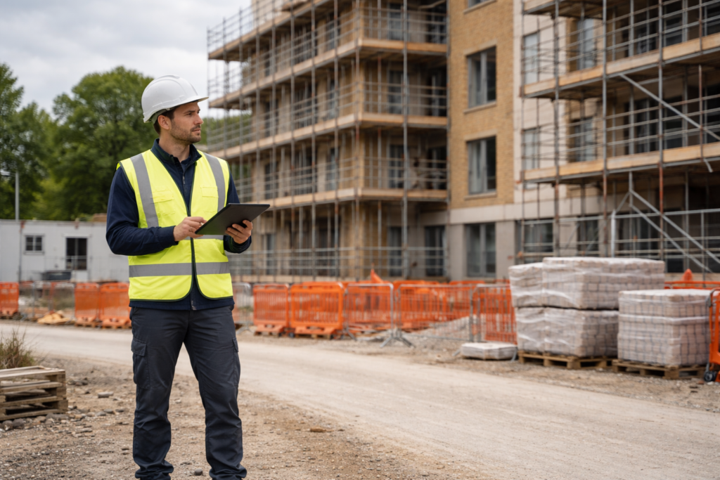 Registered building inspector on a UK construction site using a tablet to carry out a safety inspection.