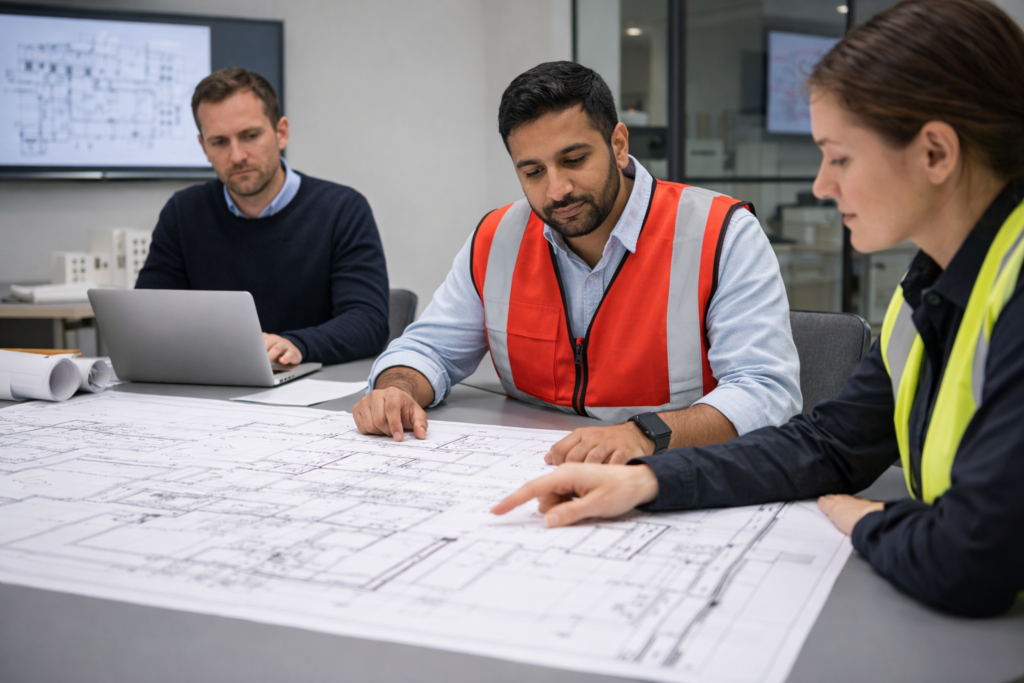 Fire engineer and Building Safety project team reviewing building safety drawings in a modern UK office.