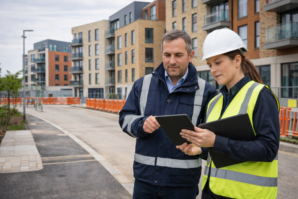 Local authority building safety professionals using digital tools to review residential development progress.
