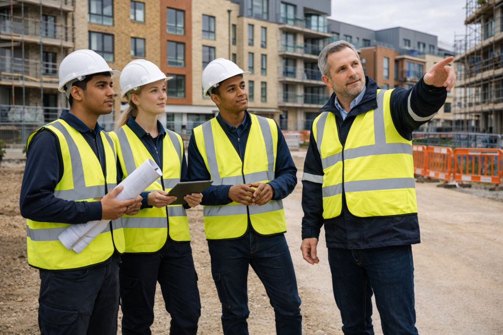 Young building safety professionals and trainees visiting a UK construction site during a supervised learning session.