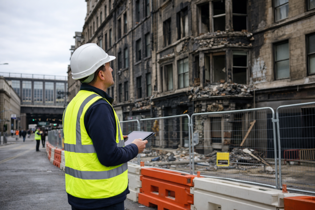 Structural engineer in PPE examining fire-damaged masonry on a city street after a major building Glasgow fire.