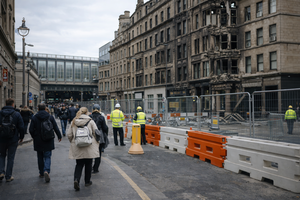 Passengers walking near barriers and a partially closed city-centre station after a fire-related building collapse.