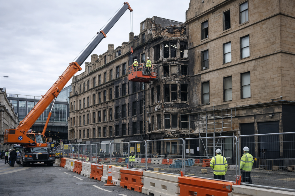 Recovery crews and crane working near a damaged masonry building in Glasgow after a major fire.