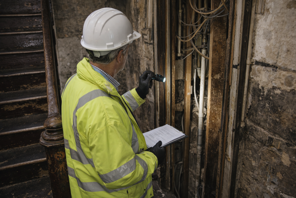 Building safety professional inspecting an older building interior for fire and structural risks.