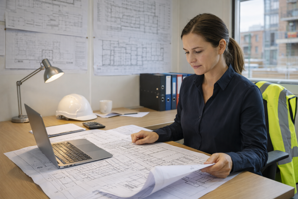 Female project manager or quantity surveyor reviewing construction plans and budgets in a temporary site office.