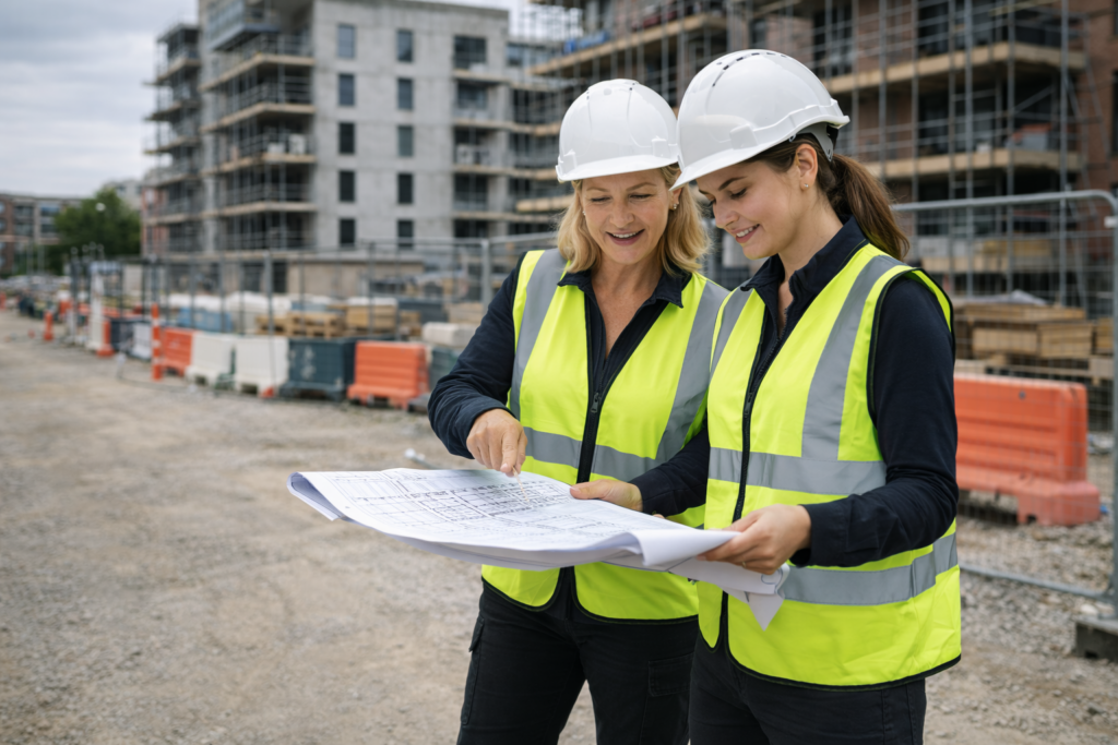 Experienced Women in Construction professional mentoring a younger woman on a UK development site while reviewing plans together.