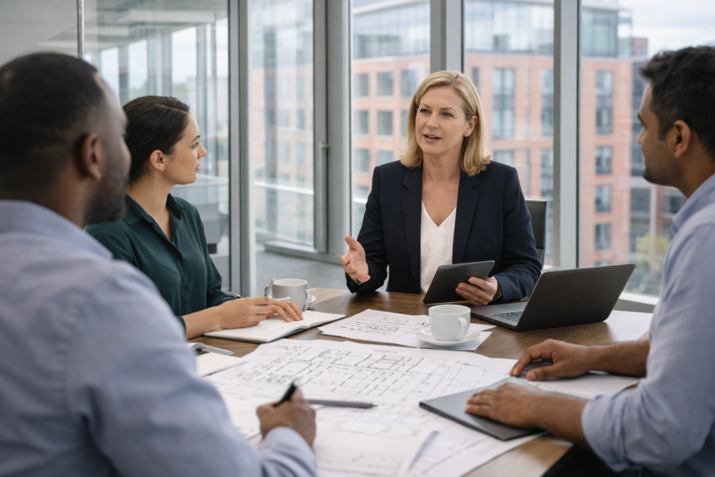 Senior Women in Construction leading a strategic housing or construction meeting in a modern office with plans, laptops, and project documents on the table.