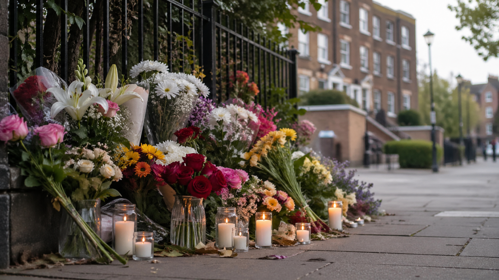 Flowers and candles placed in remembrance at a quiet outdoor memorial setting in London.