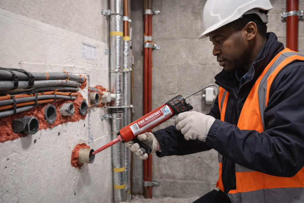 Building contractor carrying out fire stopping and compartmentation work inside a residential service area
