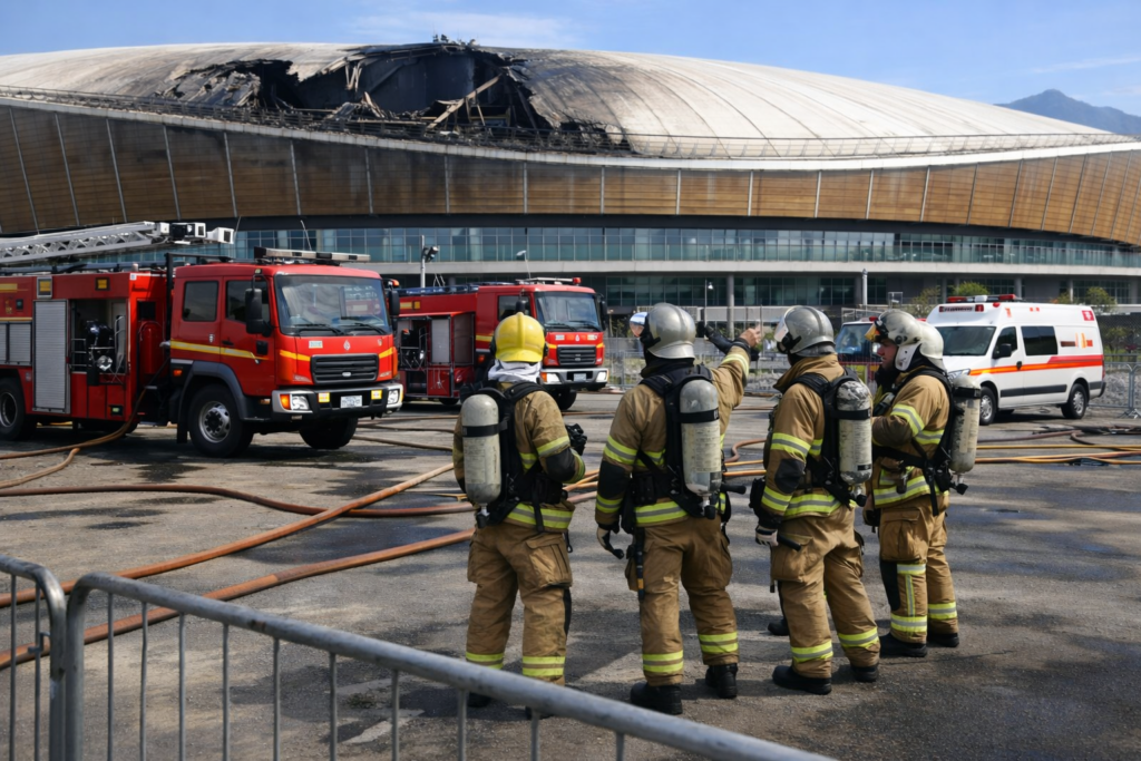 Firefighters responding outside a large sports venue following a major roof fire in Rio