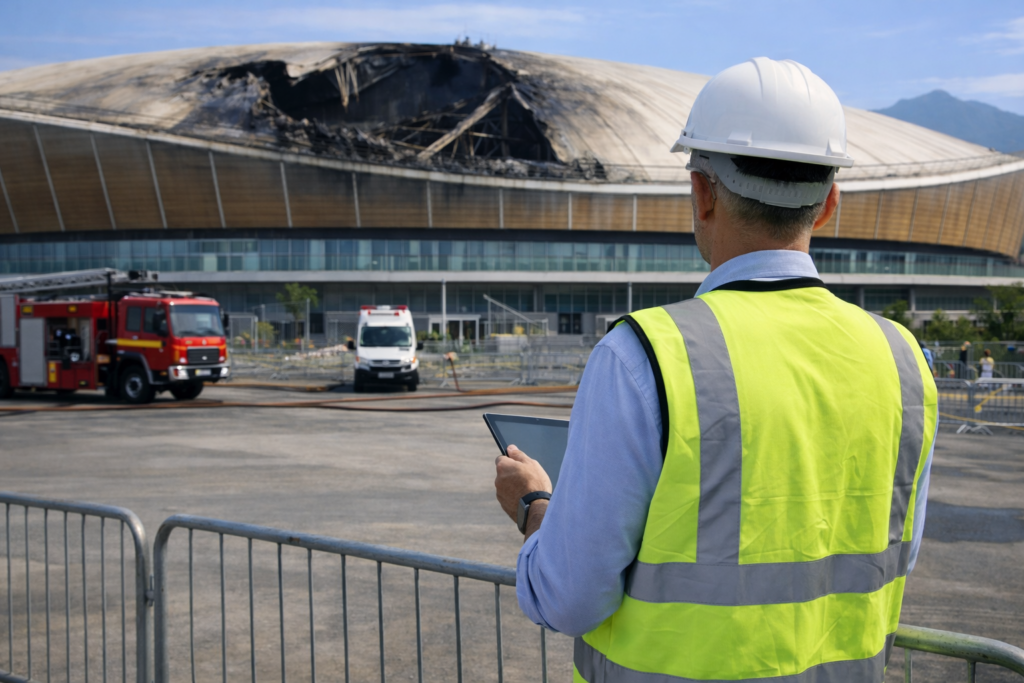 Structural engineer inspecting fire damage at a major sports venue in Rio