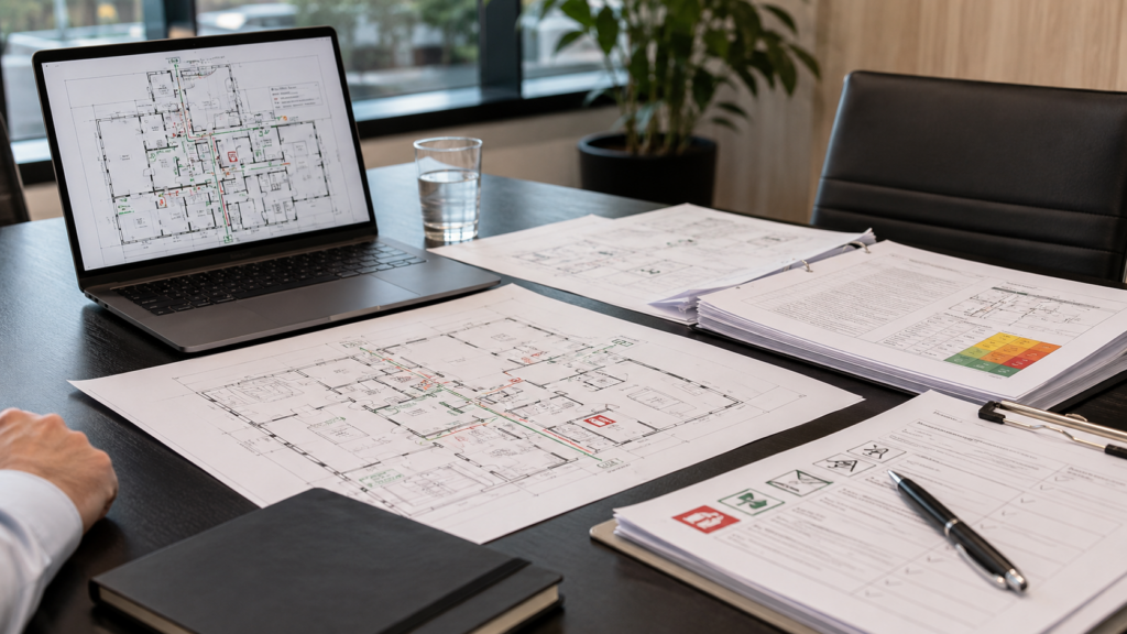 Close-up of building plans, compliance paperwork and a laptop on a meeting table during a fire safety review.