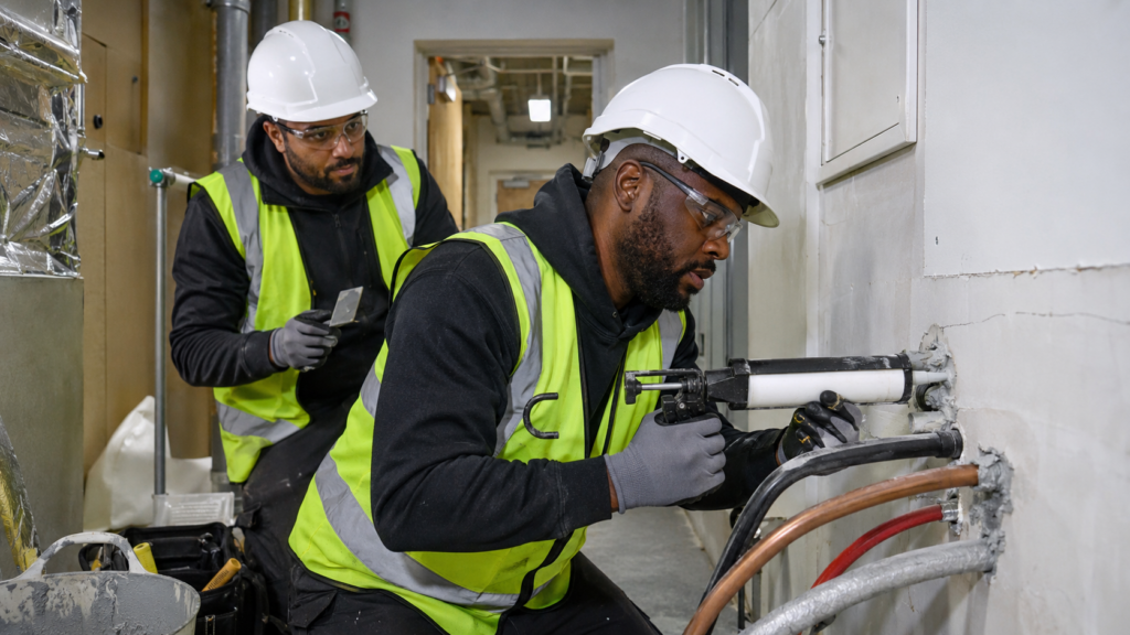 Contractors carrying out fire safety repair work inside a high-rise residential building.