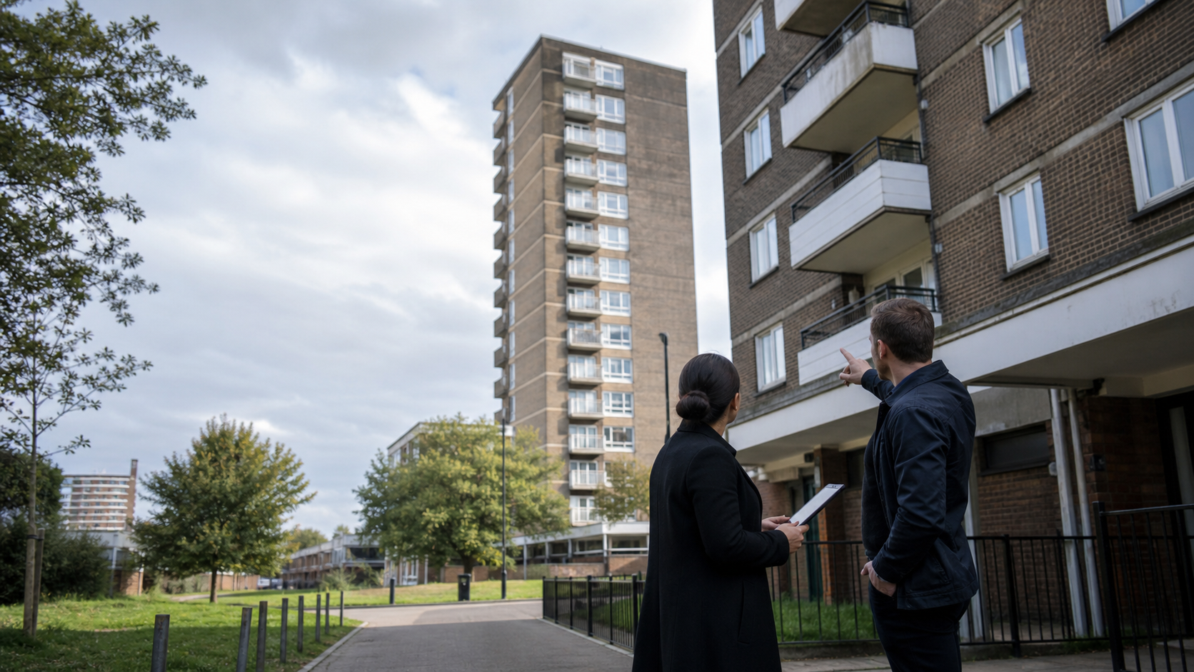 Two fire safety professionals reviewing high-rise council housing in Hackney