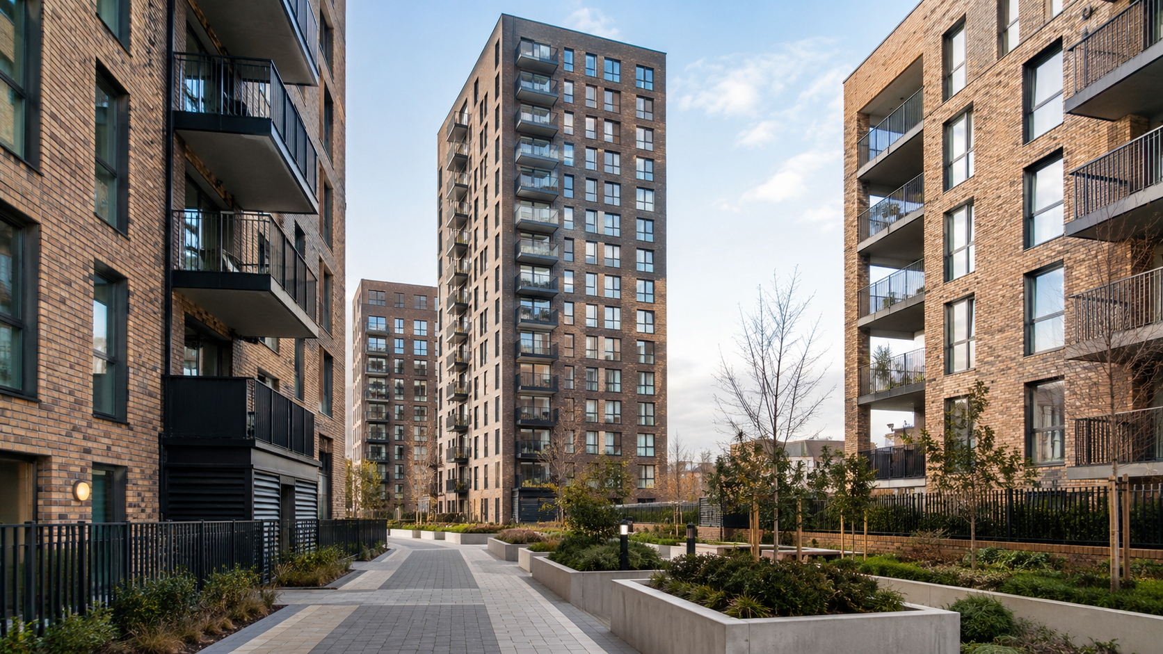 Modern high-rise residential buildings in the UK representing the importance of fire safety, compliance and safer construction.