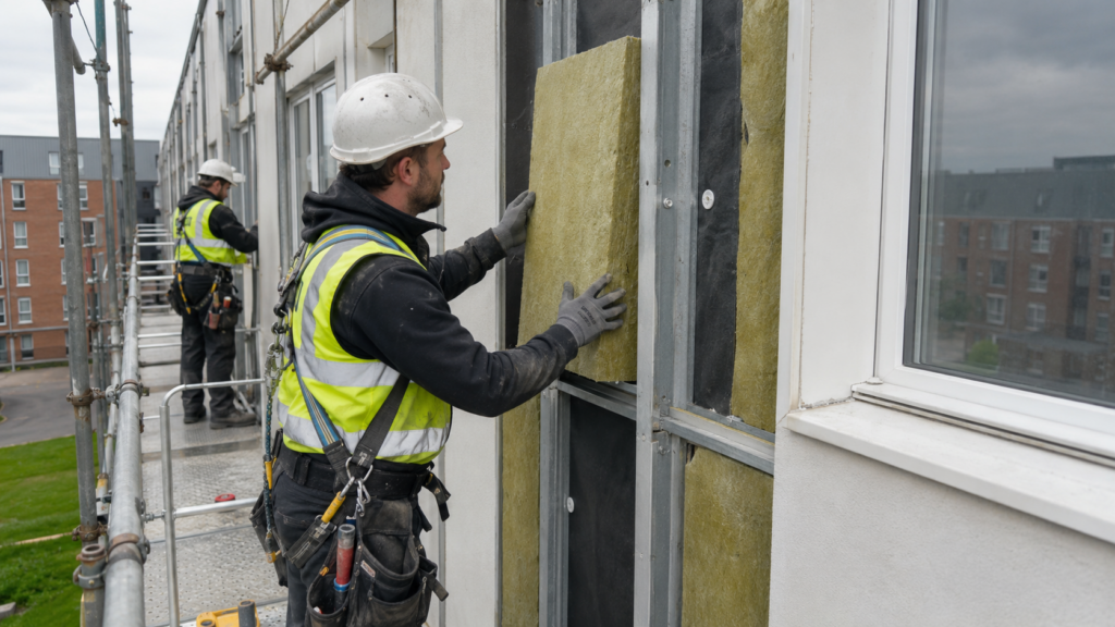 Construction workers carrying out external wall remediation on a residential building using scaffolding and safety equipment.