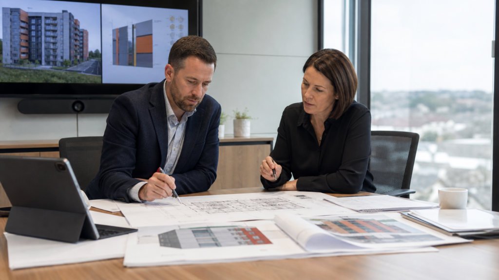 Fire safety consultants reviewing housing plans and compliance documents