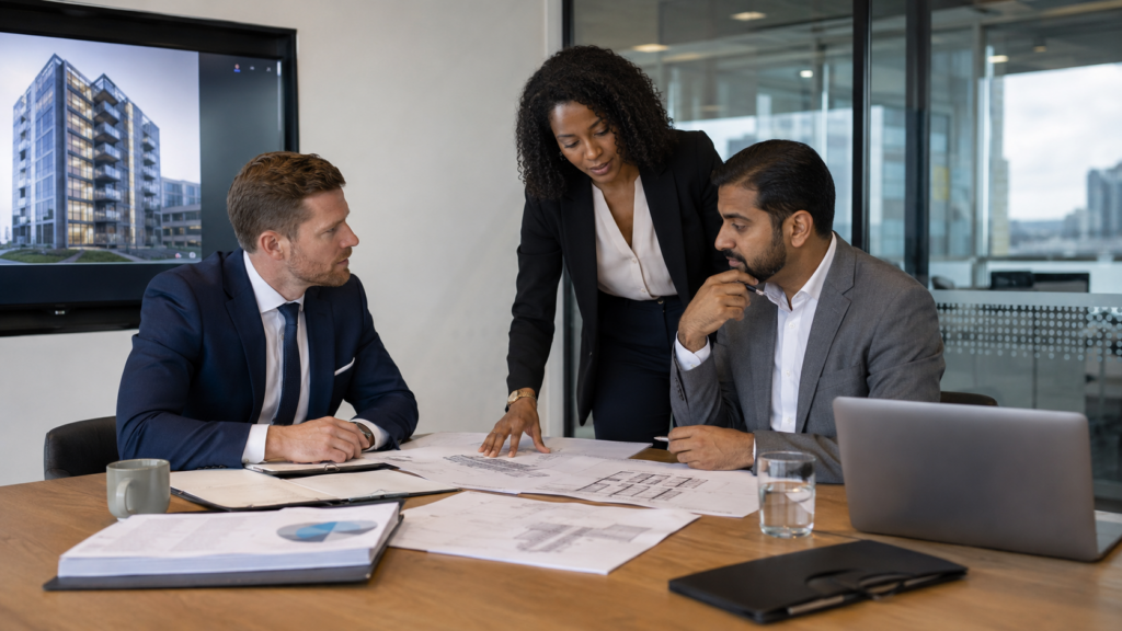 Three professionals in a corporate meeting discussing building risk, insurance and safety documents in a modern office.