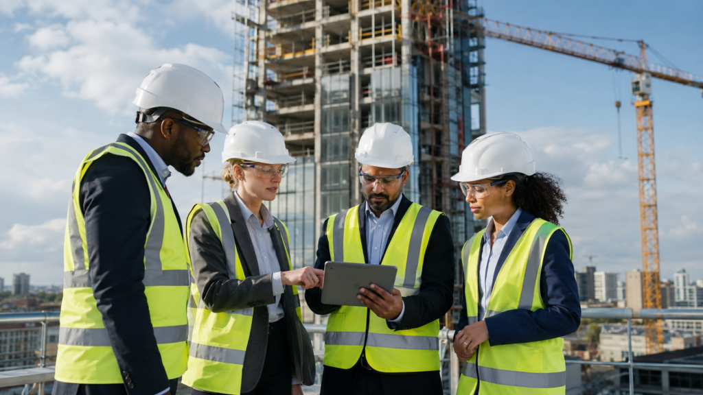 Diverse construction and building safety regulator team reviewing digital plans on a tablet at a high-rise residential construction site.