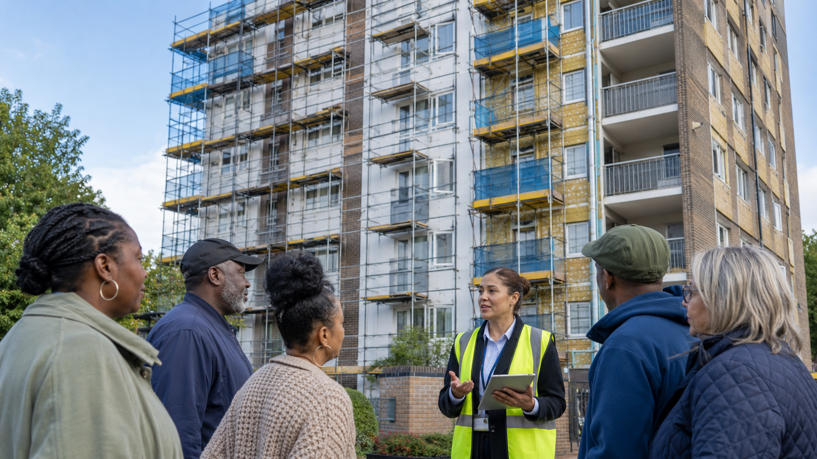 Housing officer speaking with residents outside a social housing block undergoing fire safety remediation