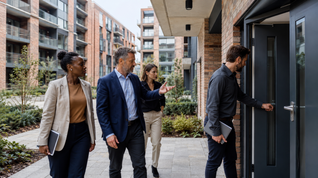 Built environment professionals inspecting a communal entrance at a modern residential development as part of fire safety and building accountability checks.