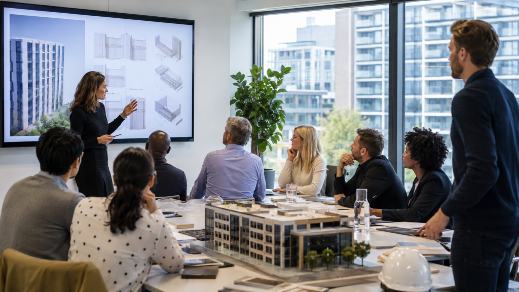 Diverse construction and building safety professionals attending a workshop on fire safety competence, building design and professional accountability.