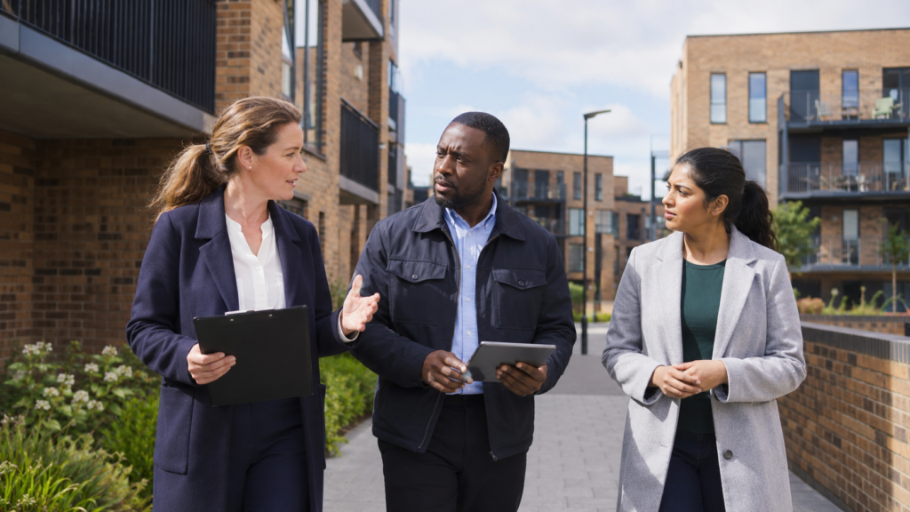 Building safety professionals walking through a modern UK housing estate while discussing fire safety, compliance and resident safety.